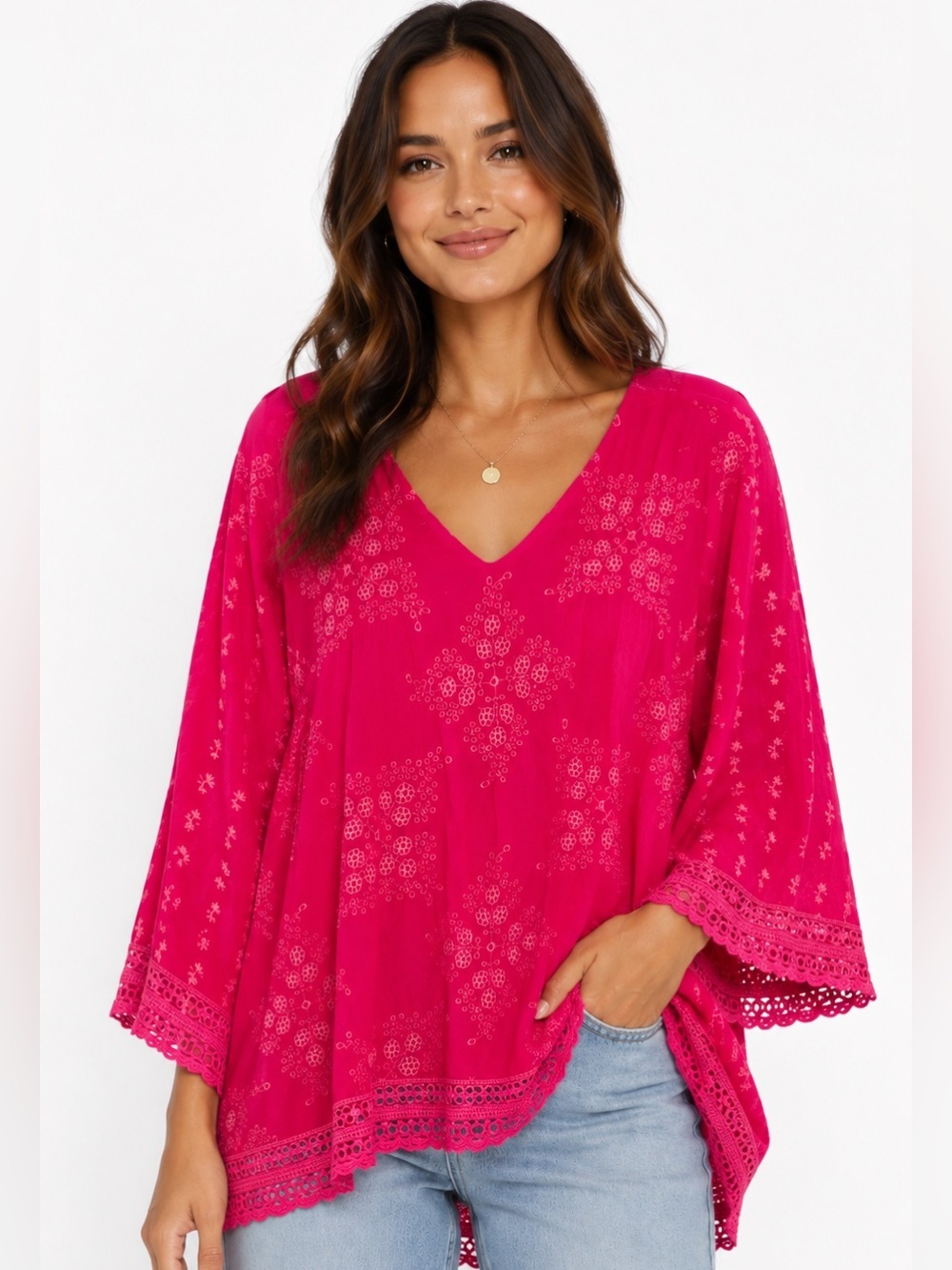 JOHNNY WAS Embroidered Eyelet V-Neck Boho Top *Callouts*